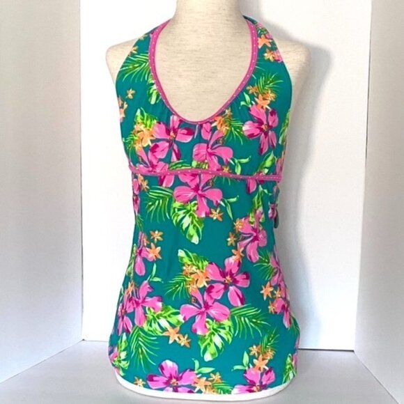 SO V Neck Halter Top Tankini Swimsuit Juniors Sz L Floral Pink Green Tropical - Picture 12 of 16